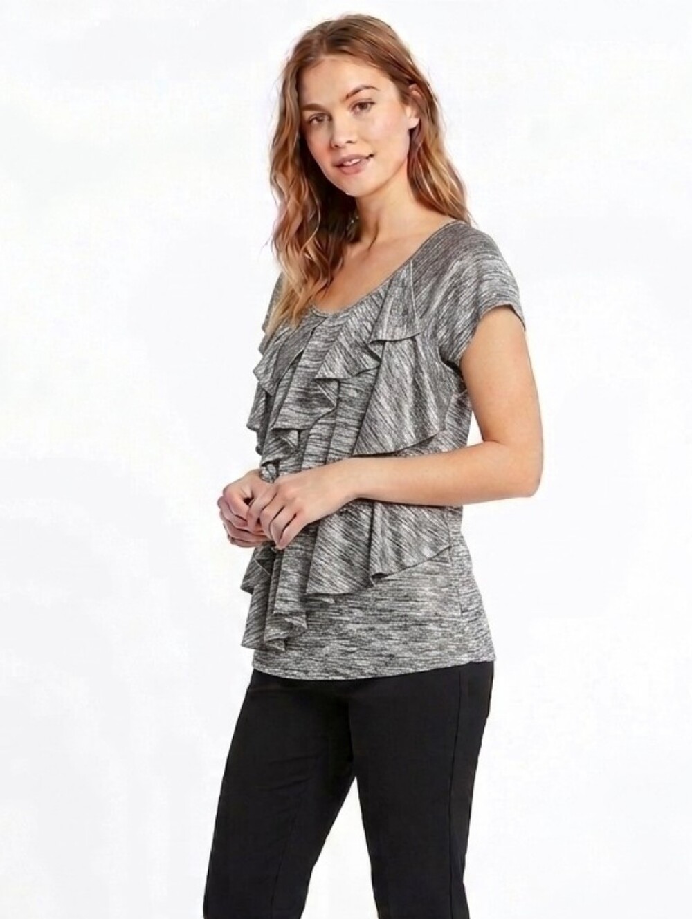 Allie & Rob Shimmering Tier Ruffle Blouse Heathered Black Gray - Mod M / VTG L